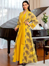 2 Piece Suit Embroidery Guipure Lace V-Neck Full Sleeve Elegant Casual Belted Clothing For Islamic Gulf Women Yellow Dress